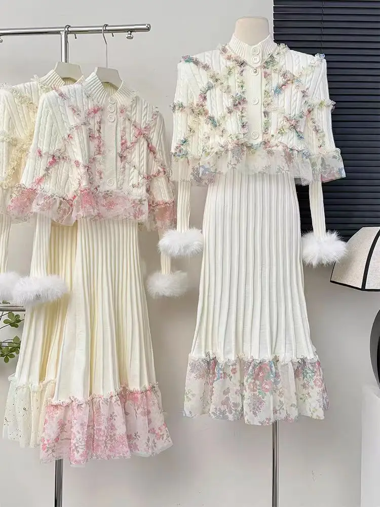 

New Autumn and Winter Chinese Style Knitted Dress with Fur Sleeves and Spliced Lace + Shawl Cloak Two-piece Suit for Women