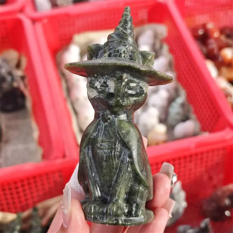 Natural Green Jade Wizard Cat Carving Crystal Healing Fengshui Gemstones Home Decoration Holiday Gift 1PCS