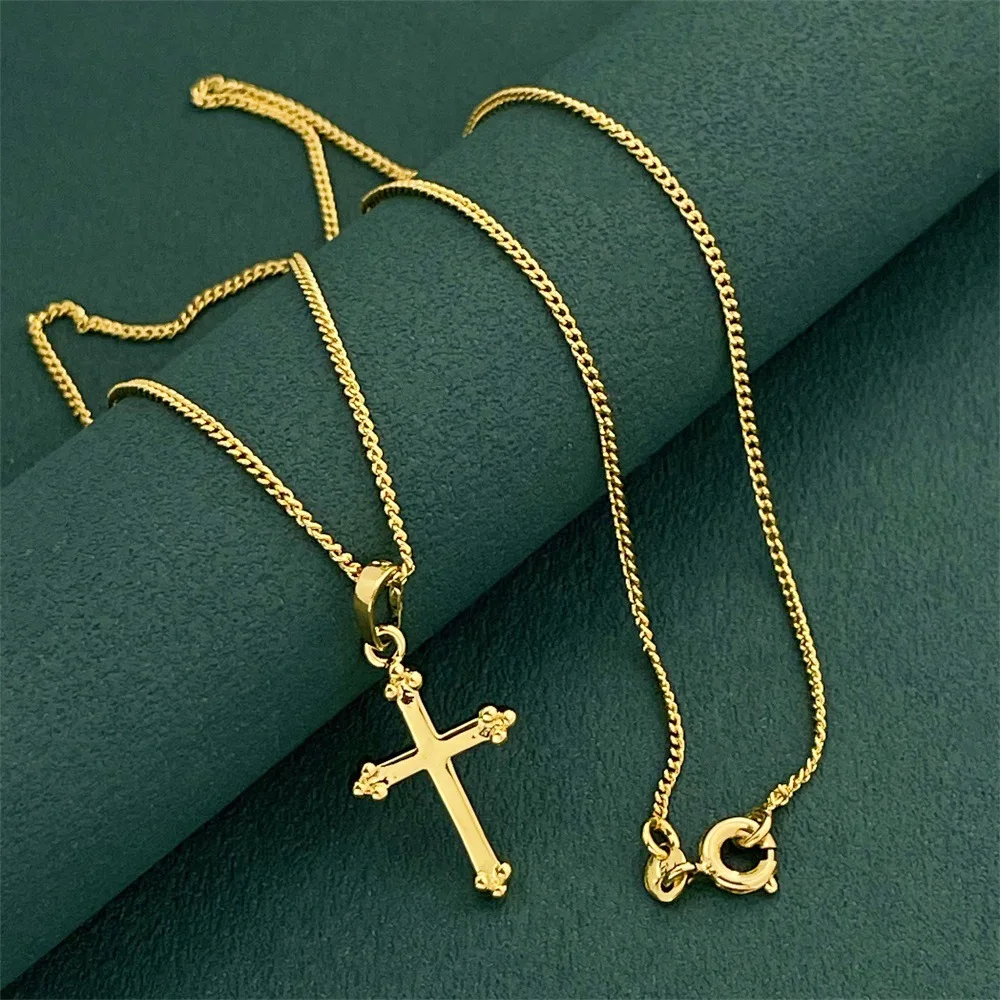 

Women's 24K Gold (AU999) Delicate Cross Pendant | Gilt Cross with Hand-Chiseled Vine Patterns, Matte Base & Turquoise Inlays