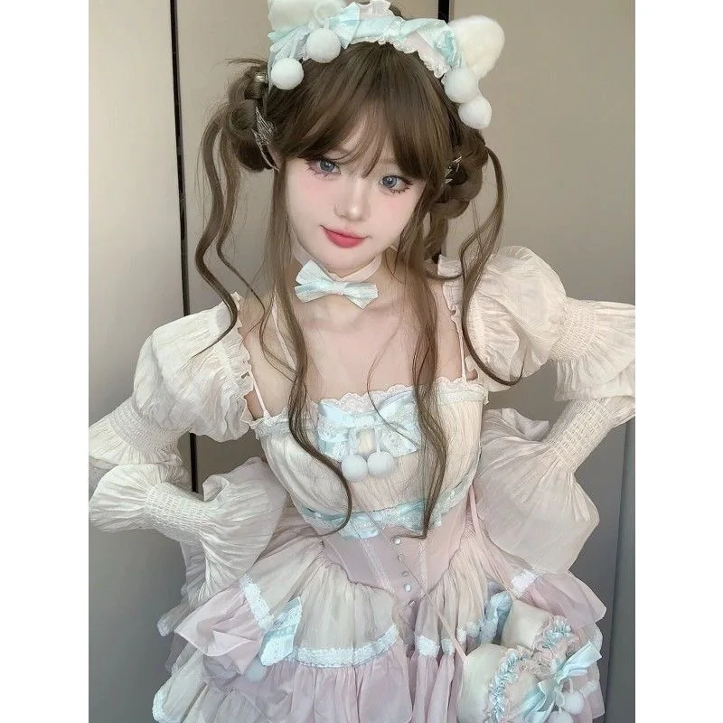 Autumn Lolita Kawaii Bow Dress Women Japanese Sweet Princess Dress Female Korean Fashion Print Cute Party Mini Dress 2024 New