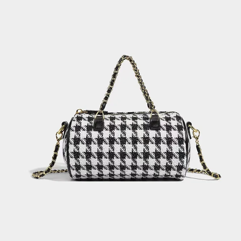 

ins trend niche design checkerboard houndstooth cylindrical bag highend fashion simple chain bag commuting versatile crossbody