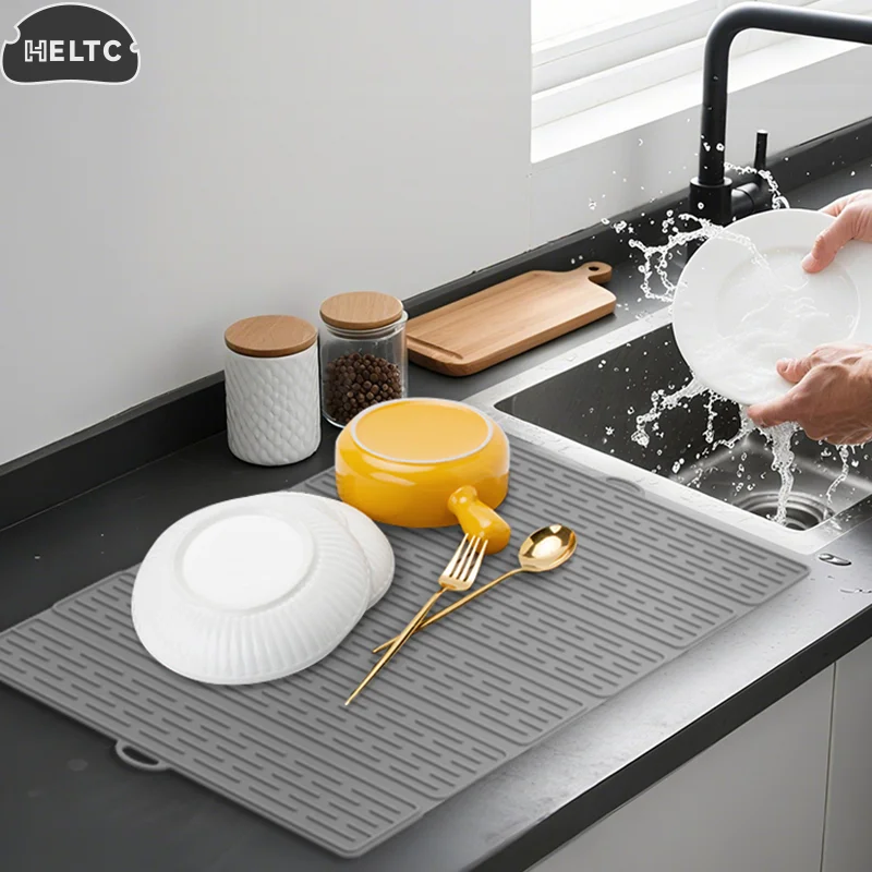 1PCS Silicone Dish Drying Mat For Kitchen Counter, Collapsible Large Dish Drainer Mat, Drying Mat, Non-Slip Silicone Sink Mat