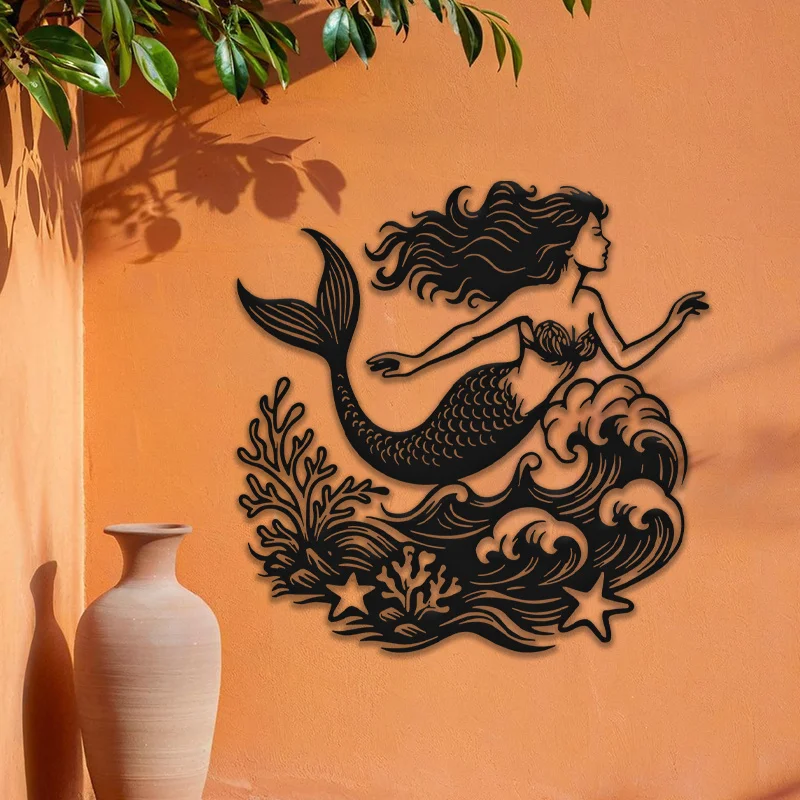 CIFBUY Metal Mermaid Wall Art Wrought Iron Beach Hanging Decor Ocean Wave Coral Starfish Indoor Outdoor