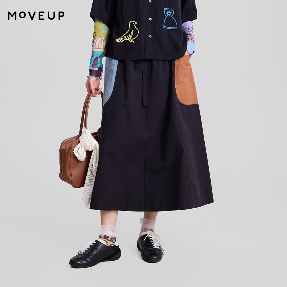 MOVEUP A Line Midi Skirt 2026 Spring New Pure Cotton Elastic Waist Color Block Pocket  Casual Loose Retro Style  Skirt 3ELC20611