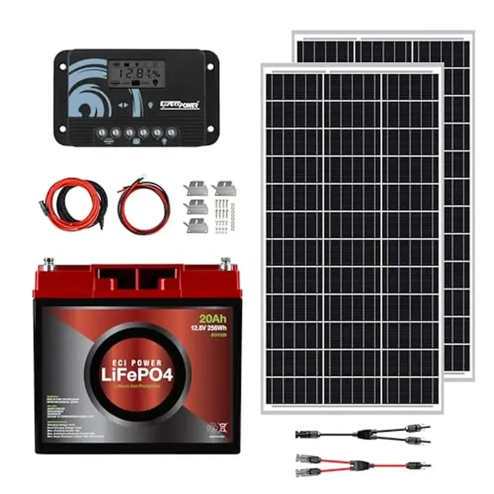 200W 12V Solar Kit LiFePO4 Battery Monocrystalline Solar Panels PWM Charge Controller RV Trailer Smart System Display Lifetime