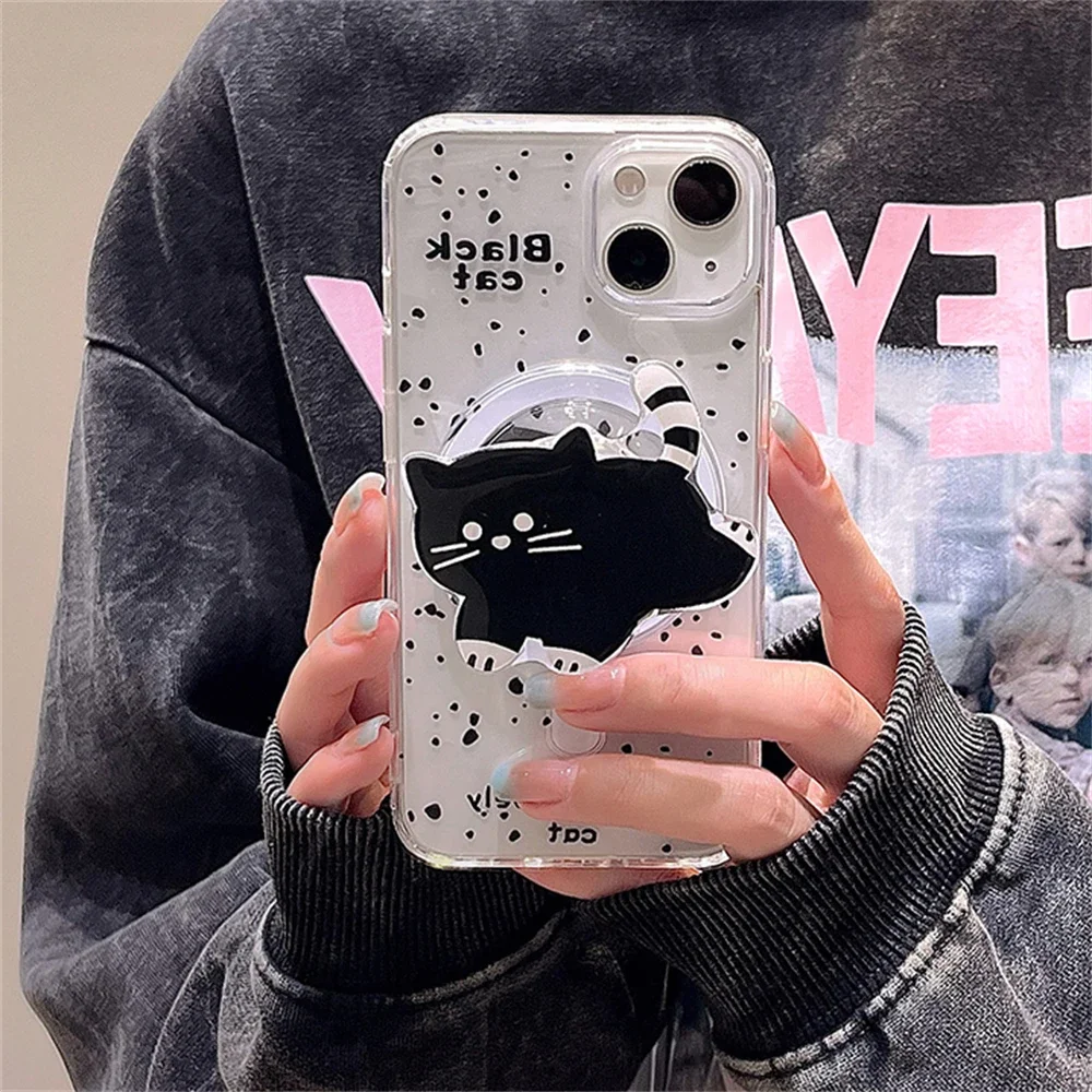 Cute 3D Black Cat Magnetic Bracket Splashing Ink Clear Case For iPhone 15 14 13 12 Pro Max 11 Grip Shockproof Soft Cover