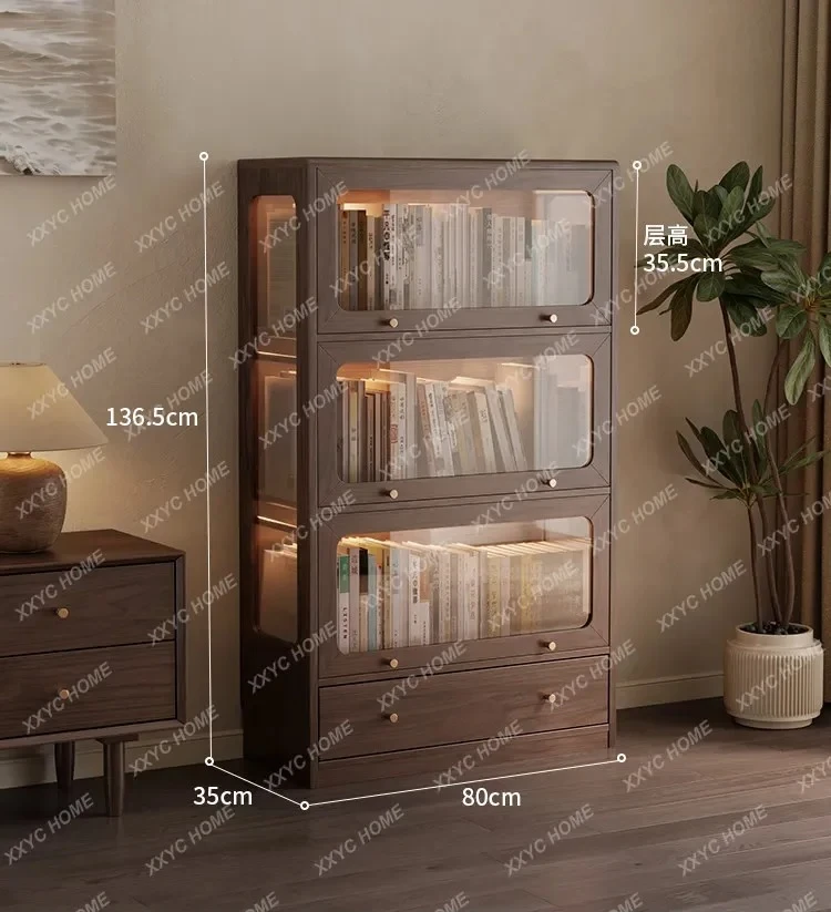 Dustproof Bookcase with Glass Doors Display Cabinet Storage Cabinet Living Room Solid Wood Bookshelf with Doors Floor Cabinet