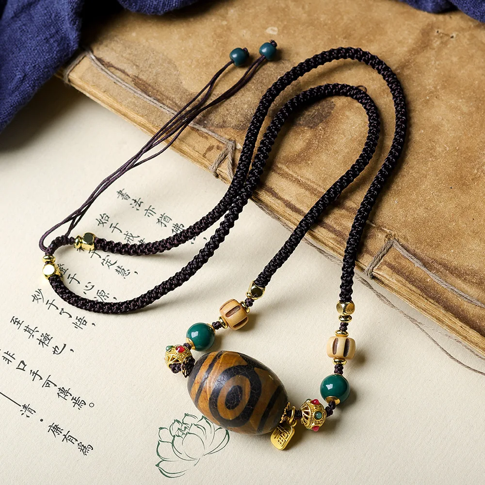 

Original Tibetan fire offering three-eyed dzi bead hand-woven necklace original design literature play ethnic style jumper chain