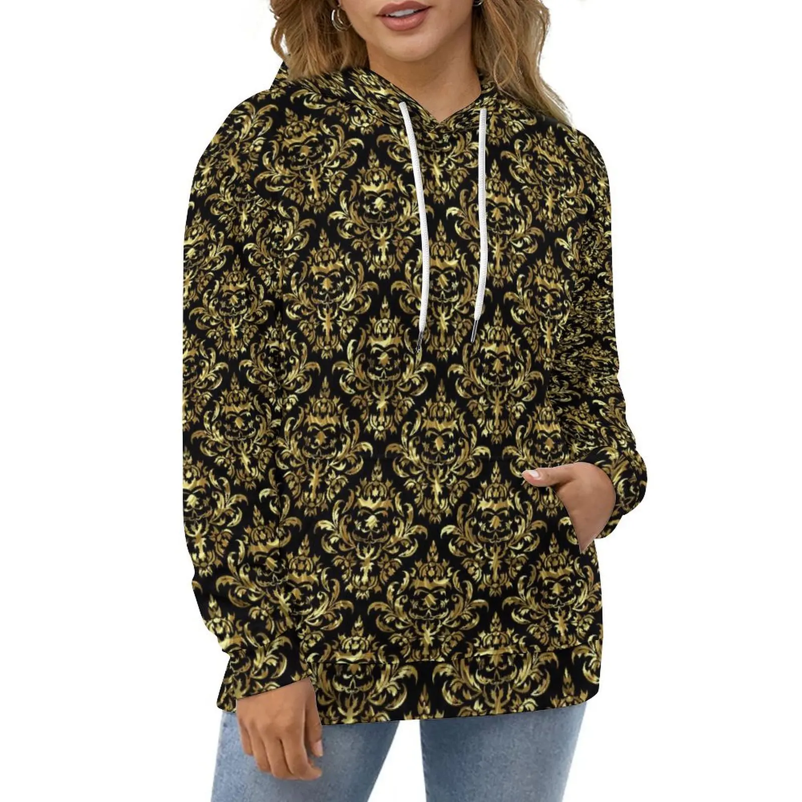 

Gold Floral Damask Hoodies Geometric Print Korean Fashion Casual Hoodie Long Sleeve Kawaii Design Hooded Sweatshirts Big Size