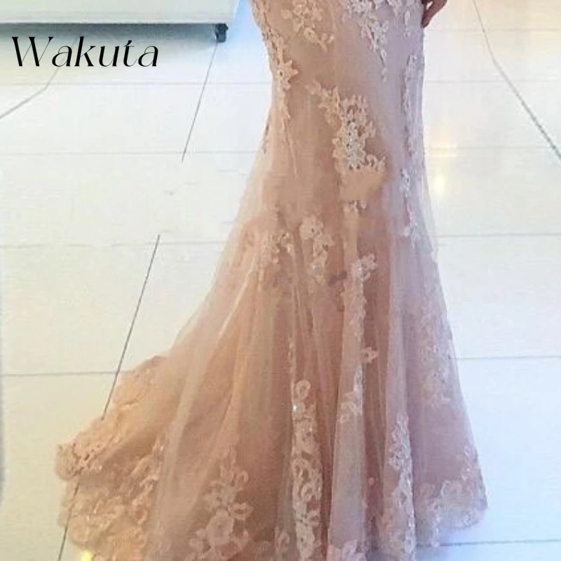 Wakuta Vintage Classic V-Neck Lace Engagement Evening Robe Chic Slim Applique Mesh Princess Banquet Party Vestido Elegante Mujer