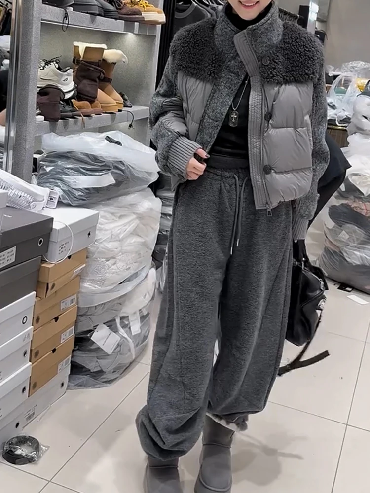 

Women's Casual Cotton Jacket Coat with Stand Collar Splicing Fur Slimming Leisure Pants Autumn Winter Warmth Fashion Set