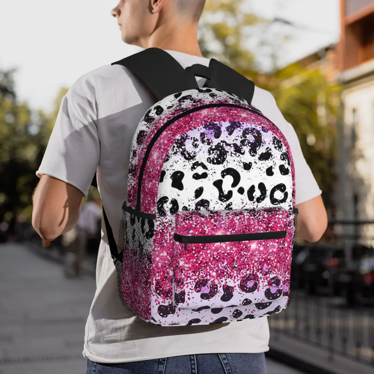 

Purple Pink Glitter Leopard Backpack Daypack Large Capacity Children BookBag School Bag Shoulder Bags for Men Women