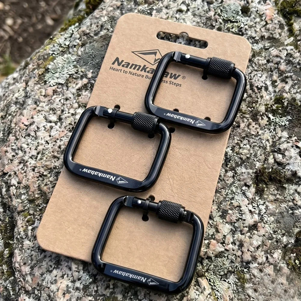 3pcs Durable Square Carabiner Flattened Buckle with Thread Portable Snap Clip Hook Black&Grey Outdoor Camping Hiking Keychain