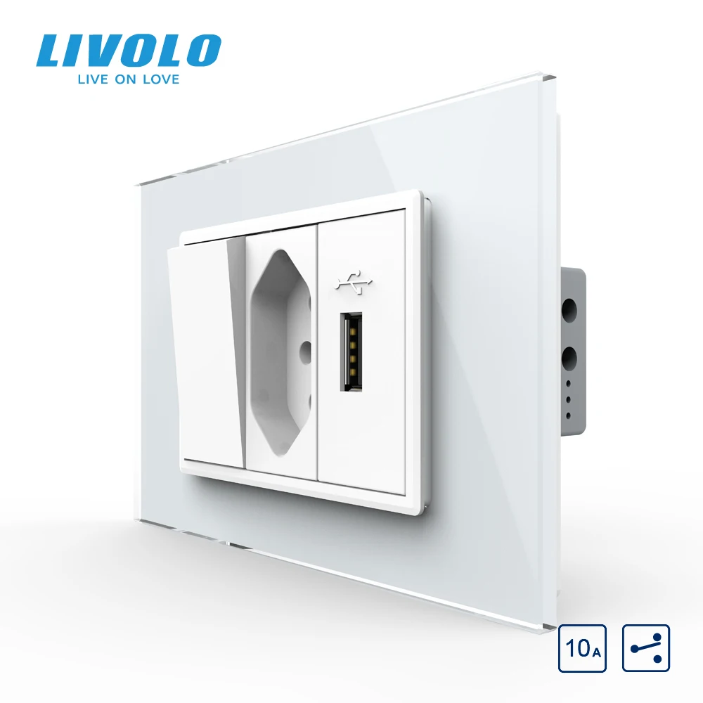 Livolo C9 US AU Standard 67.5mm Luxurious Telephone Com TV  SATV Aiduo Socket, White Pearl Crystal Glass Panel, Socket Plugs