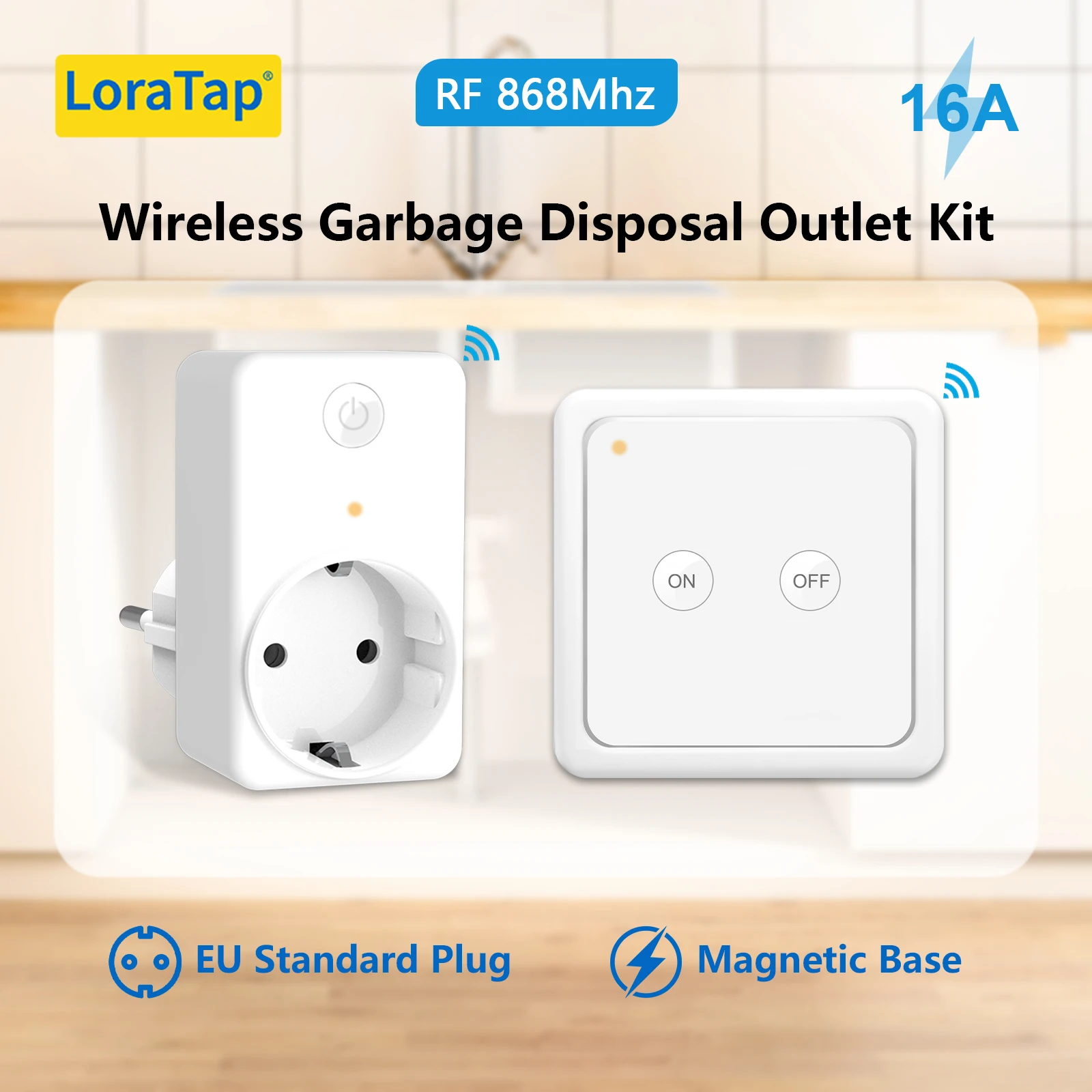 

LoraTap RF868Mhz 16A Wireless EU KR Socket Set for Food Waste Disposer,Fan and Oven with EU Magnetic Remote Controller