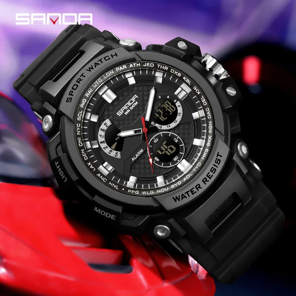 

SANDA new 3388 Fashion Student Electronic Watch Multi functional Waterproof Alarm Clock Dual Display Men's Electronic Watch