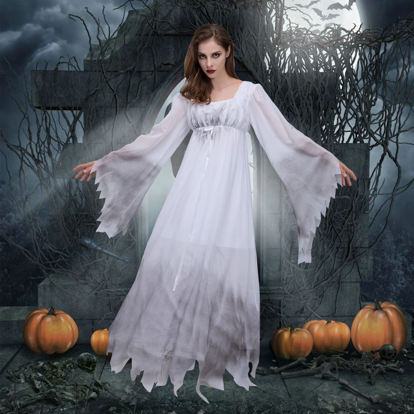 

2023 Halloween Zombie Bride Dress Scary Ghost Bride Burnt White Lace Doom Ghostly Wedding Dress Costume Ball Dress