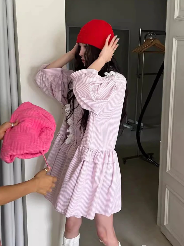 สไตล์เกาหลี Spliced Lace Ruffle ลายเสื้อเชิ้ตผู้หญิงฤดูใบไม้ผลิหวานหลวมโคมไฟแขนสั้นเดรสแฟชั่น Ins