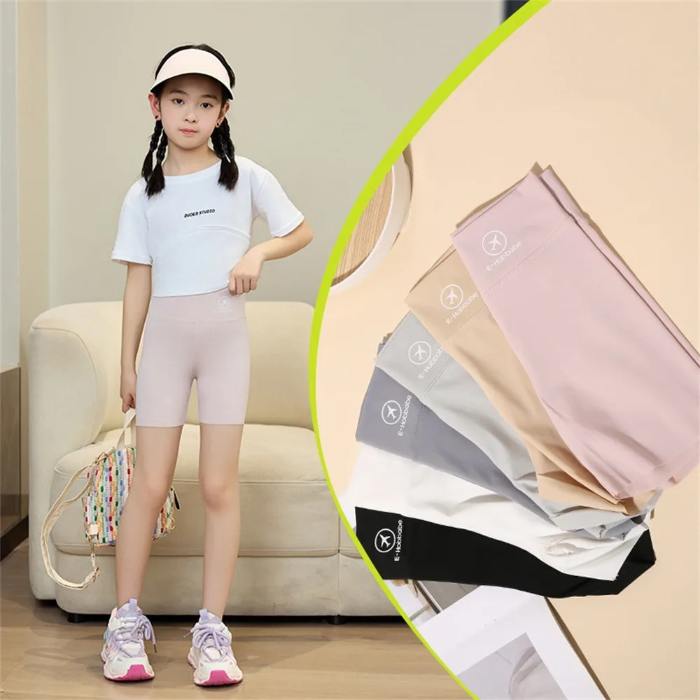 Kids Leggings Girls 4-15 Years Solid Colour Thin Section Stretch Safety Trousers Outer Wear Ice Silk Short Bottoming Trousers