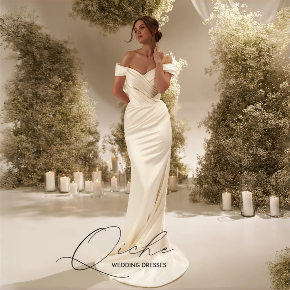 QICHE Vintage Satin V-Neck Mermaid Wedding Dresses Off The Shoulder Pleat Open Back Bridal Gowns Customized Vestidos De Novia