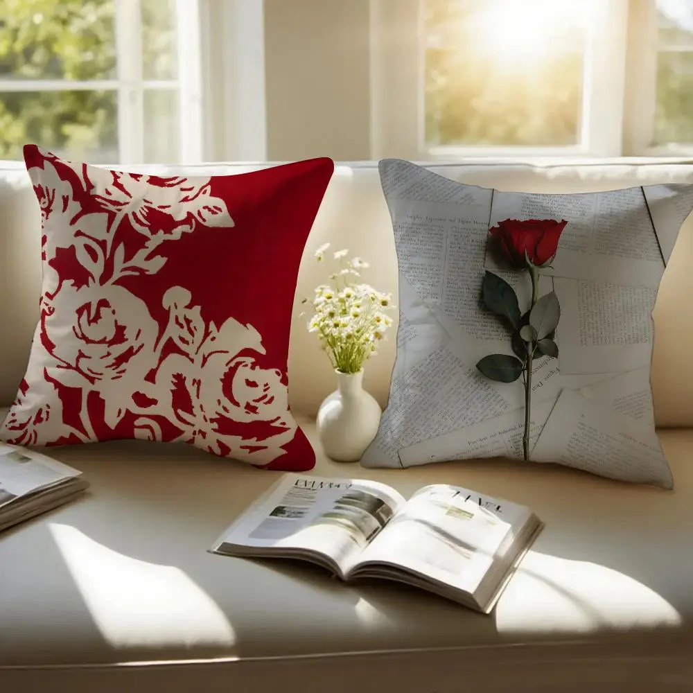 Romantic Floral Art R-Red Rose Cushion Cover Pillowcase Anti-dustmite Invisible Zipper Short Plush Sofa Cushion