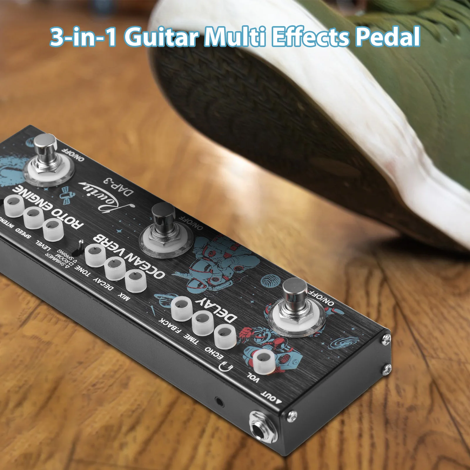 ROWIN 3-in-1 Guitar Multi Effect Pedal Delay/Ocean Verb/Roto Engine Aluminum Alloy Shell with True Bypass Portable Guitar Effect