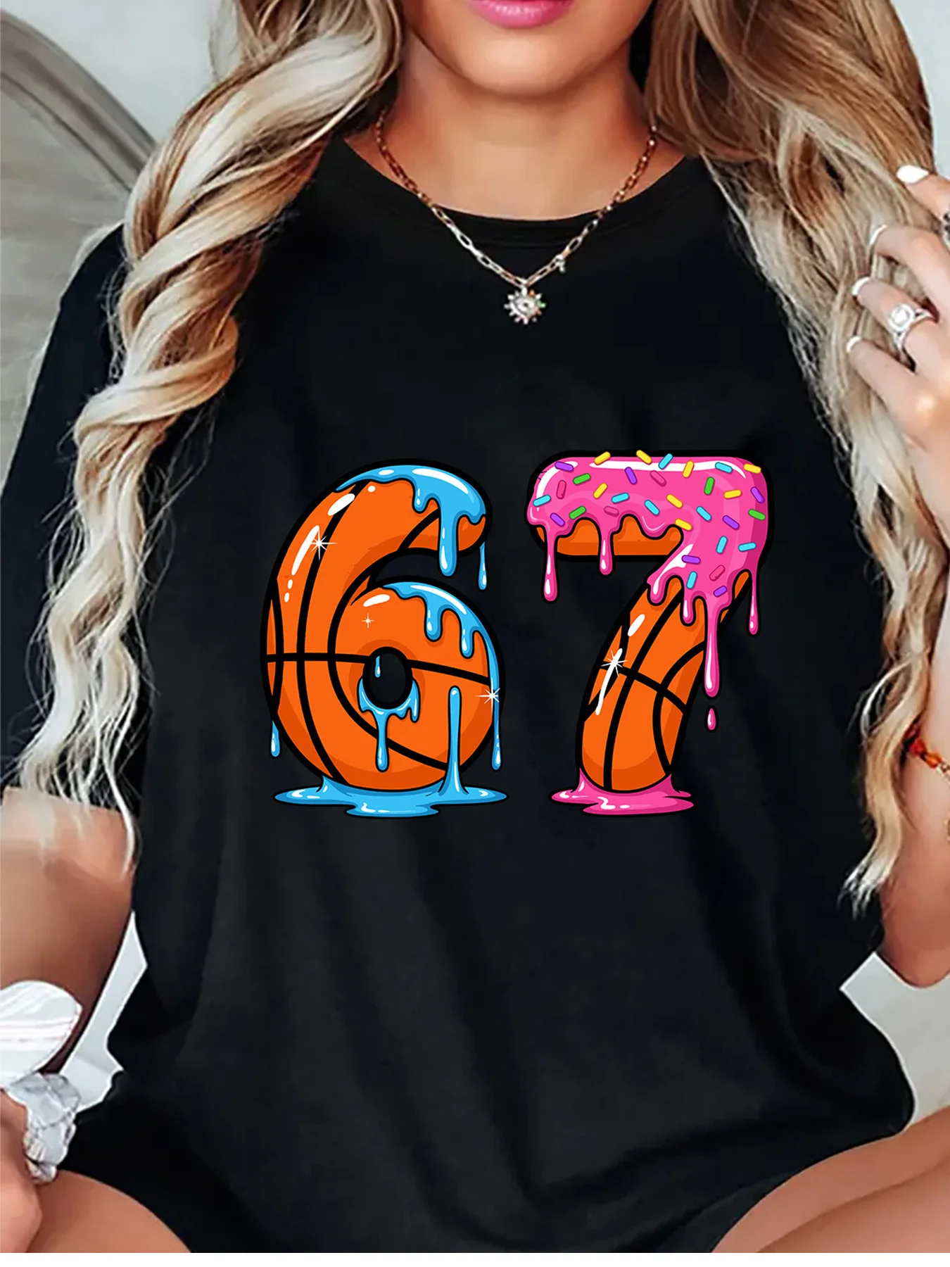 Cute Basketball Drip Number 67 With Sugar Sprinkles Art Print Graphic Ladies T Shirt Short Sleeve Crew Neck Casual Tee Tops