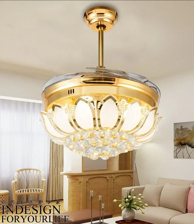 Modern 42 Inch Gold Lotus Ceiling Fan with Crystal Light Luxury Folding Design Remote Control Included for Dining Room