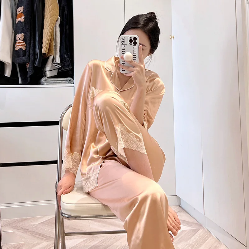 Spring and Summer Girly Style Long Sleeves and Trousers New Pajamas Women\'s Yellow Fashion Print Set Home Clothes Ice Silk Pjs