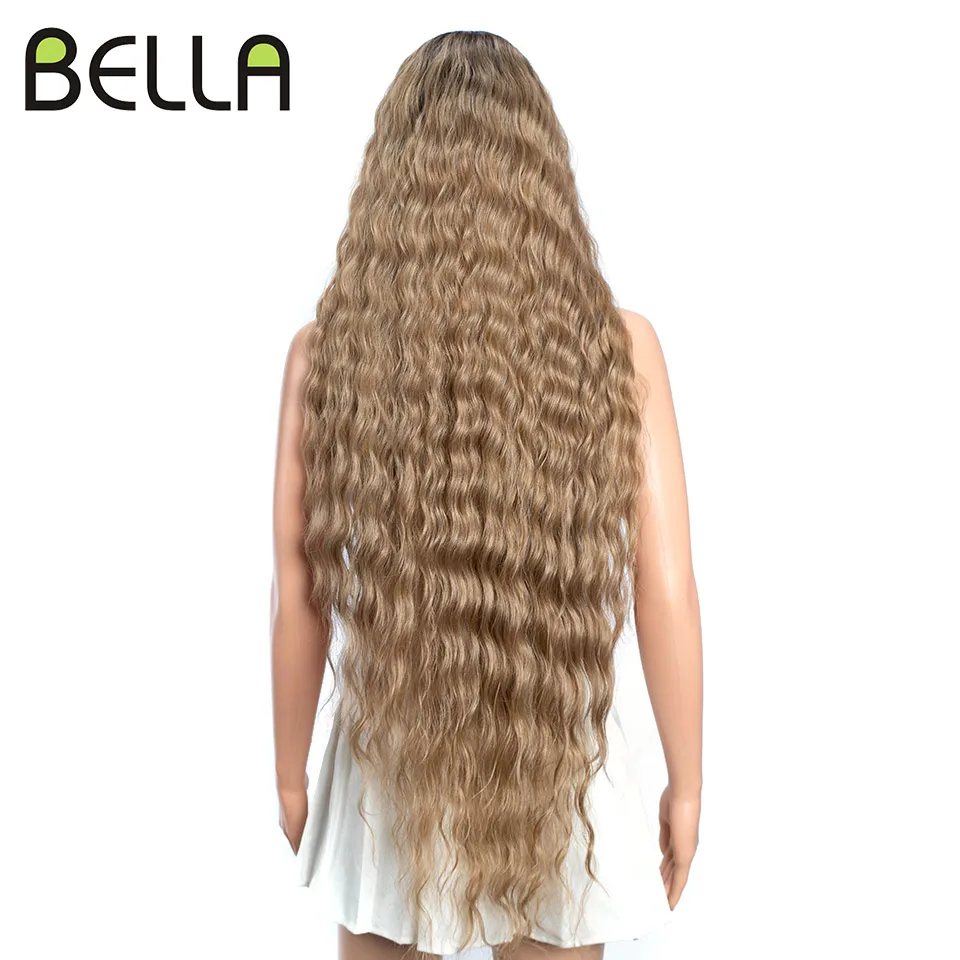 Bella 40 Inch HD Part Lace Wig Synthetic Deep Wave Long Wigs Ombre Blonde Brown Synthetic Wigs Cosplay Heat Resistant Fiber Hair