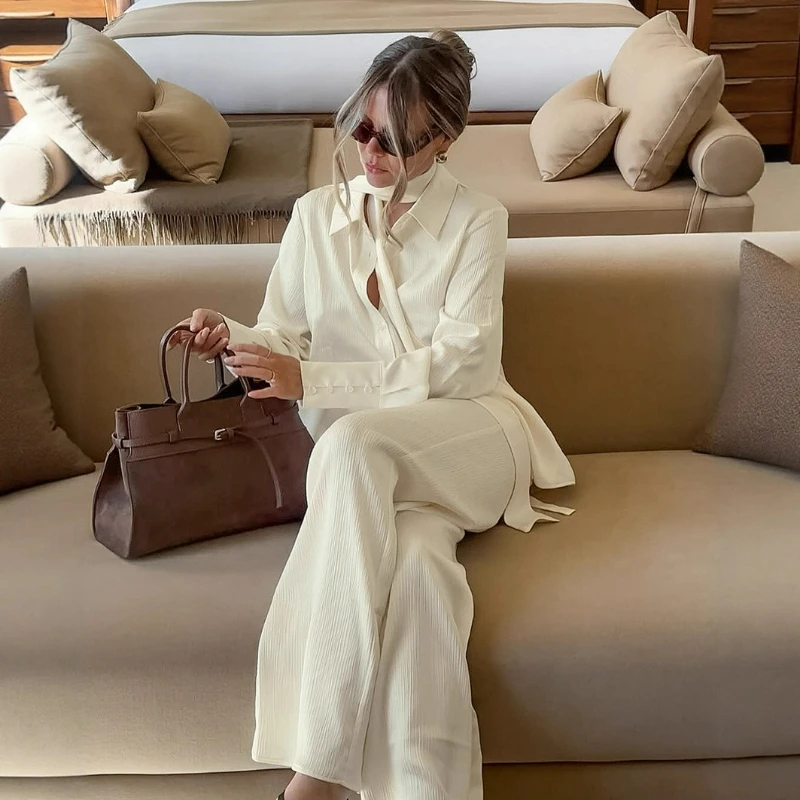 Elegant Long-sleeved Suit for Women Spring 2026 Fashionable Ribbon Decoration Laid-back Texture Two-piece Shirt Long Pants Set