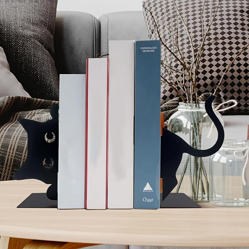 1 Pair of Creative Black Cat Bookends, Adjustable, Compact and Aesthetically Pleasing, with Rounded Corners, Suitable for Notebooks, Novels, Magazines, Dictionaries, and Picture Albums