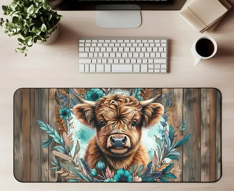 Highland Cow Table Mats Rural Game Mause Pad with A Rustic Western Wooden Background Gift Desk Mat,Suitable Cow Lovers Mousepad