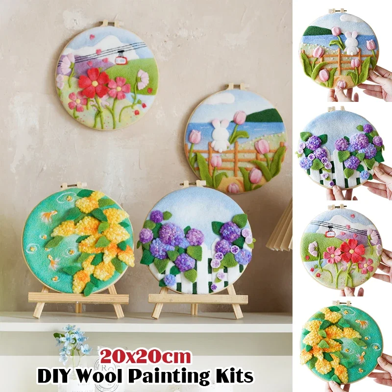 Needle Felting Kits Beginners Diy Wool Painting Kits with Frame Modern Creative Painting Flowers Picture Felt Diy Packag