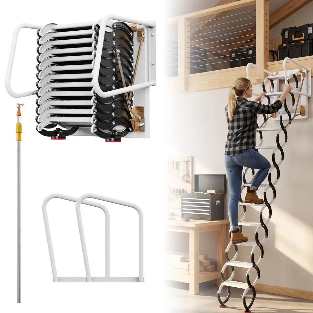 10FT Wall Mounted Telescoping Attic Ladder, 880 lbs Heavy Duty Folding Stairs, Anti-rust, Safe Lock, Fits 2.6-3M Ceiling