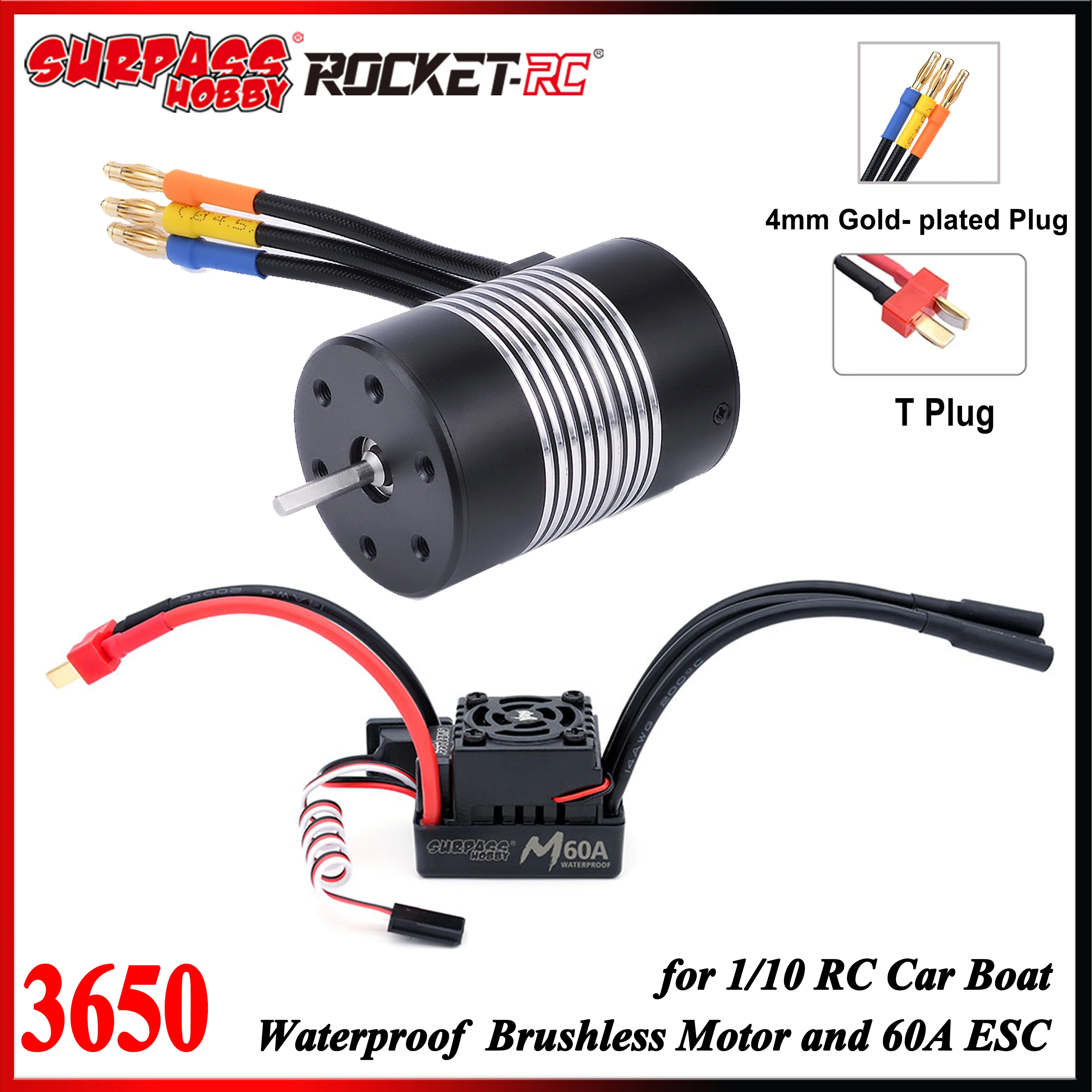 Surpass Hobby Rocket 3650 2300/3100/3900/4300KV Waterproof Brushless Motor M60A ESC for 1/10 RC Car Boat Model Toy Parts Wltoys