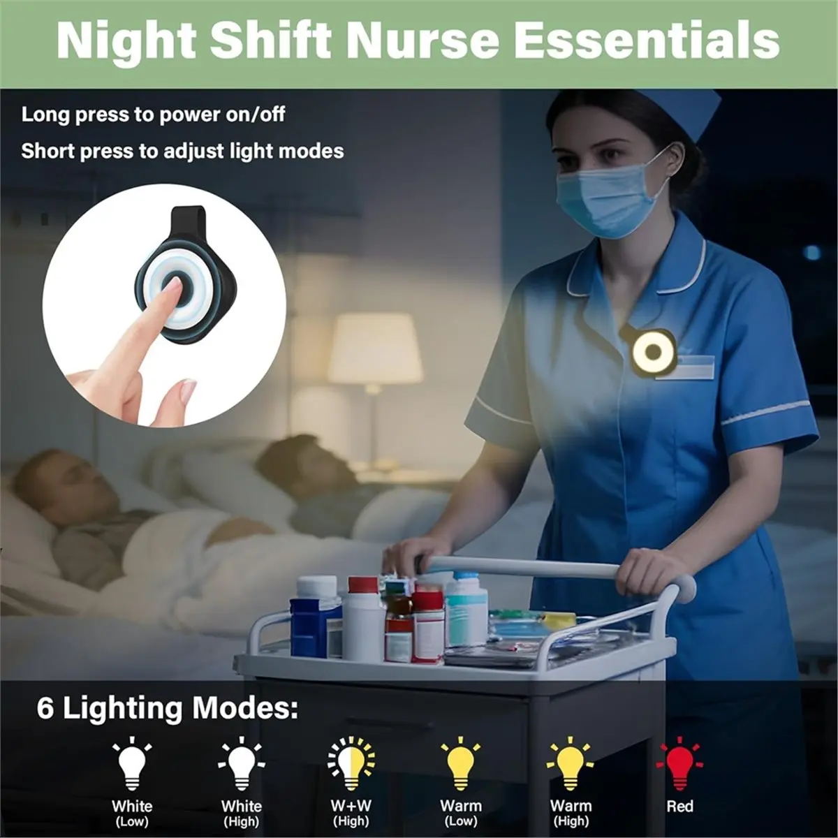 

ABAB Night Light Clip for Badge - Rechargeable Magnetic Badge Light with 6 Brightness & 3 Color Modes,Running Lights Black