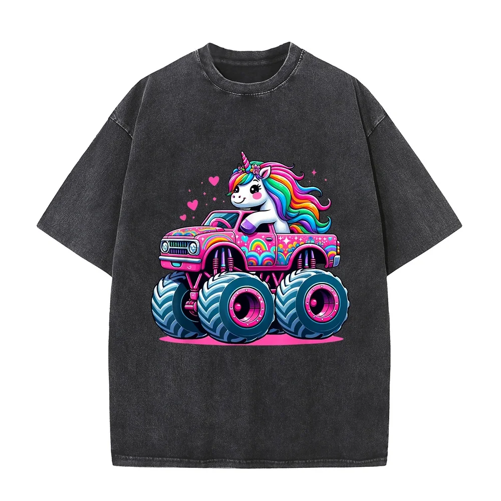 Funny Cute Unicorn Riding A Pink Monster Truck T-Shirt Hombre Ropa חולצות Camisetas Yellow Short Sleeve Tee Cotton T Shirt Men
