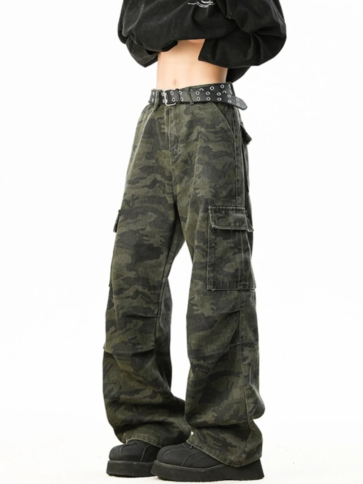 

American Retro Camouflage Work Pants Men's Spring CleanFit Pleat Design Denim Jeans Large ket Straight Leg Jeans