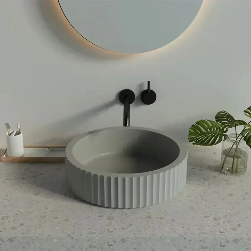 Circular Design Counter Top Basin Fluted Shape Grey Concrete Basin Hand Made Cement Sink