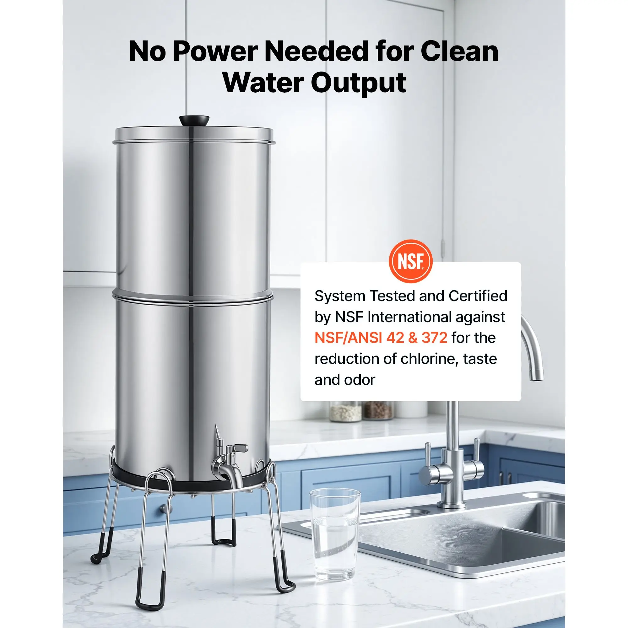 Gravity-fed Water Filter System, 2.25G 304 Stainless-Steel Countertop Water Filtration System, Reduces Lead and up to 99% of Chlorine, w/ 2 Carbon Filter, 2 Defluorination Filter, Spigot, Stand