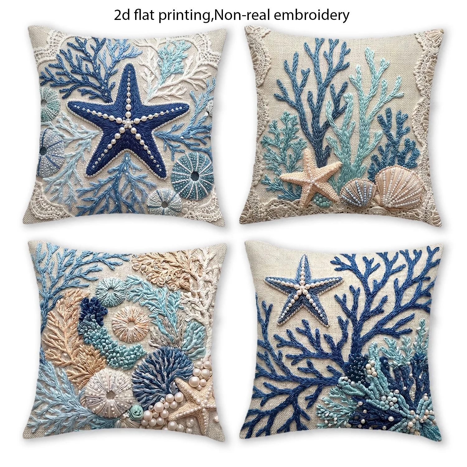 4PCS Coastal Ocean Print Throw Pillow Covers Nautical Beach Decor Polyester Home Accent Cushion Case Starfish Coral Art