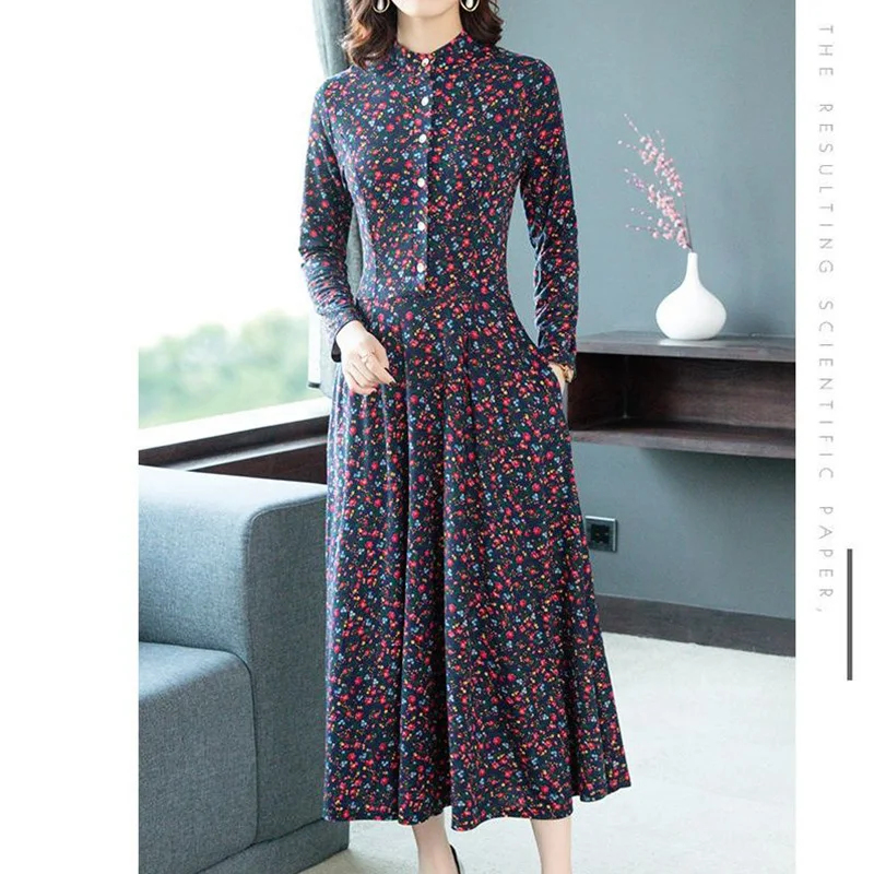 Fashionable Side Pockets Long Sleeved Dress for Women Spring Autumn New Ice Silk High Collar Loose Printing Button Long Dresses