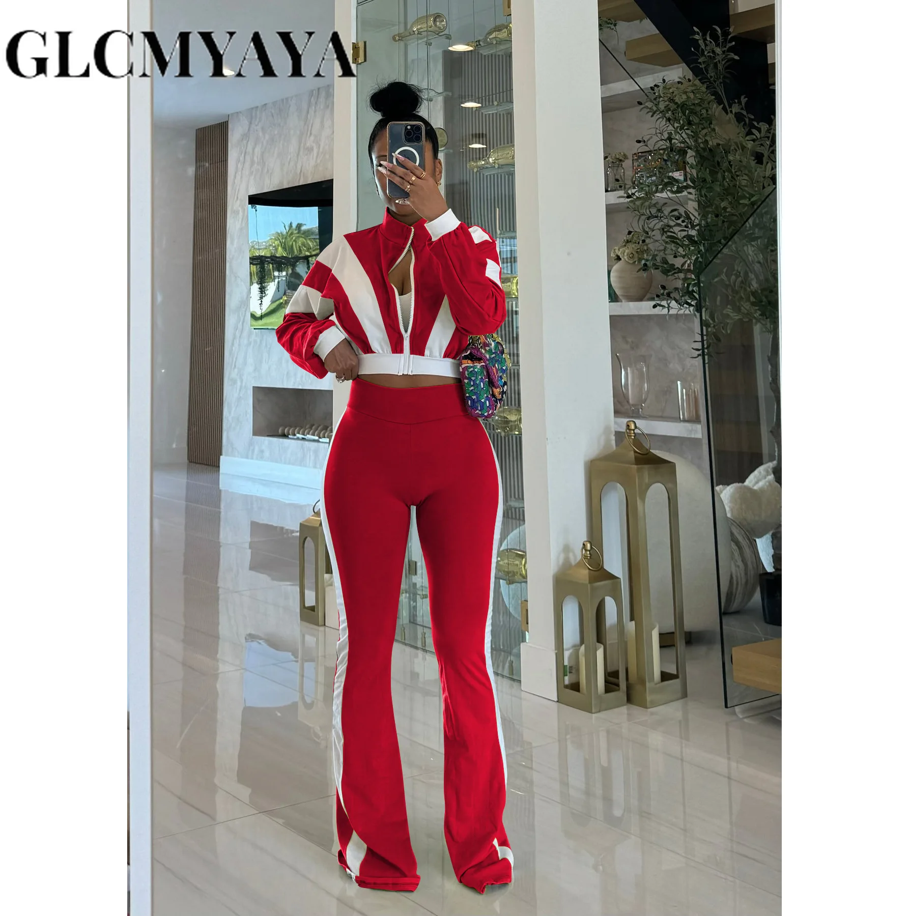 طقم نسائي رياضي مرقع من GLCMYAYA جاكيت بأكمام طويلة وسراويل رياضية واسعة الساق 2025 بدلة رياضية للياقة البدنية طقم مكون من قطعتين #2