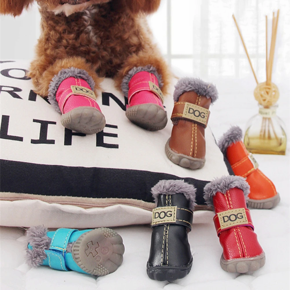 Dog Outdoor Shoes PU Leather Dog Boots with Plush Lining Anti-Slip Sole Running Shoes for Chihuahua Puppy Paw Protector