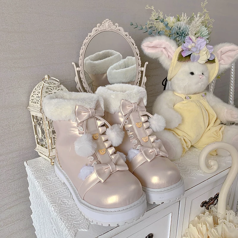 

Mid Heel Platform Lolita Snow Boots Women Winter New Plush Bear Bowknot High Top Female Japanese Kawaii Lolita Ankle Boots