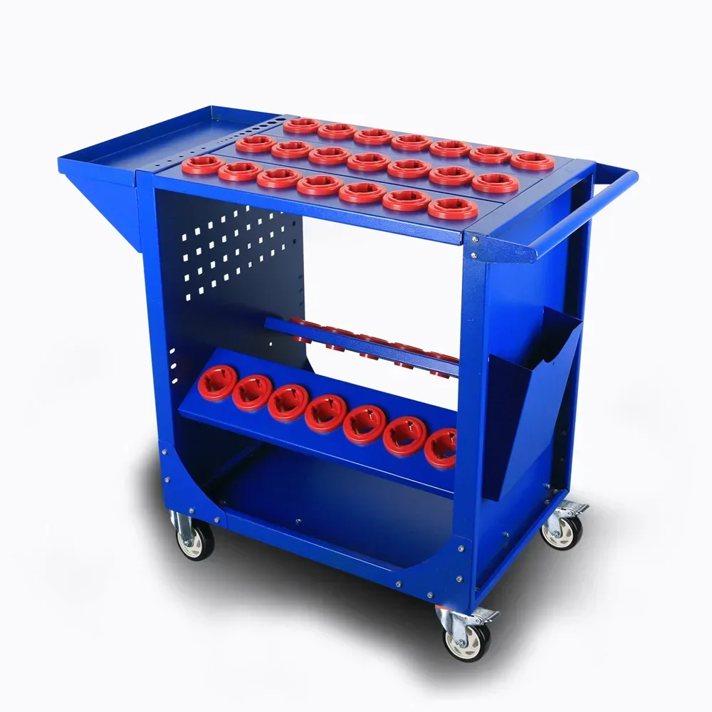 For BT30 BT40 BT50 CNC Tool Trolley Cart 25 Capacity Tooling Blue 45 Taper  Holders Shelf Cart with Two Swivel Two Fixed Casters