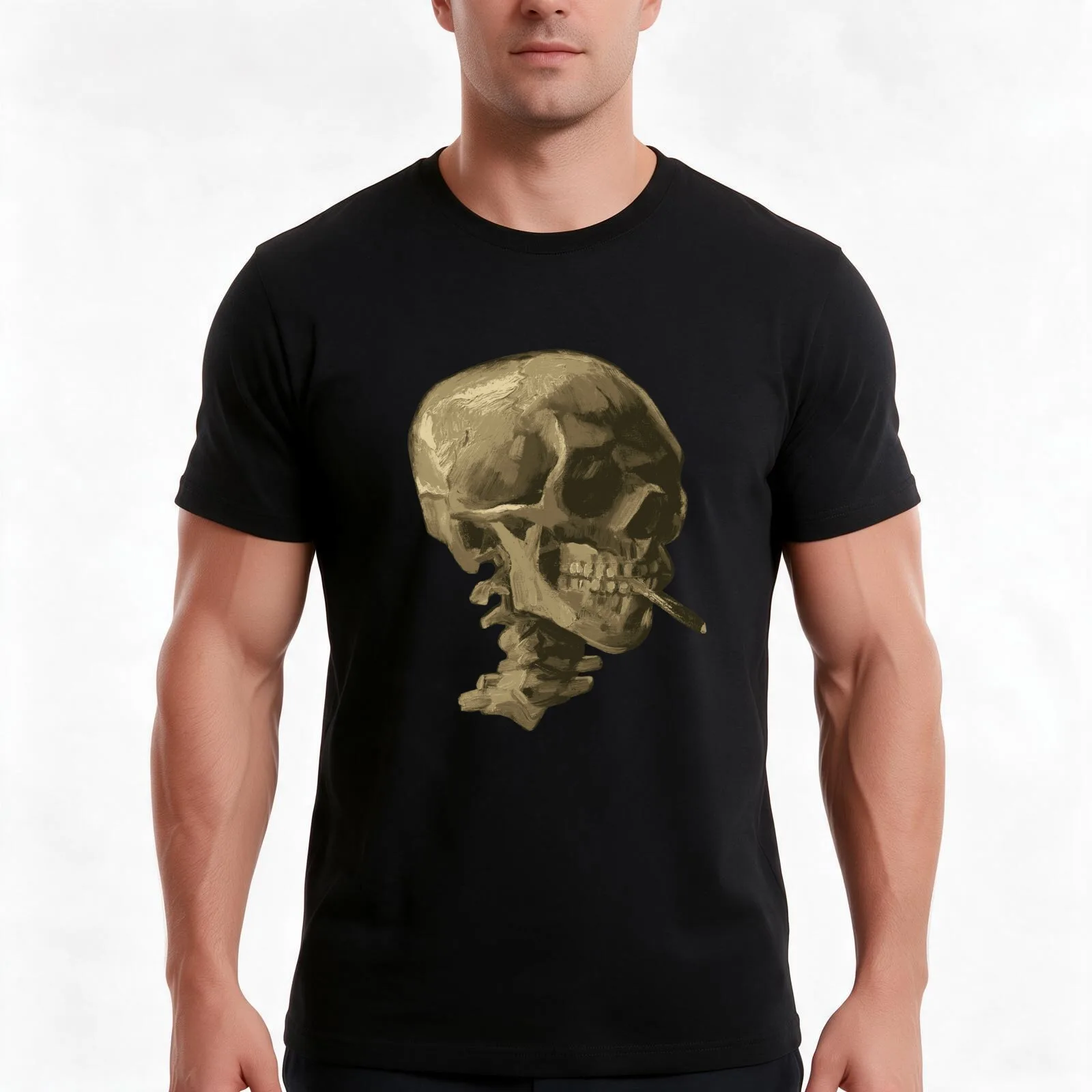 Skull of a Skeleton with Burning Cigarette T-Shirt, Summer Casual Cotton Tee, Oversized Streetwear Tops, Vintage Graphic Print