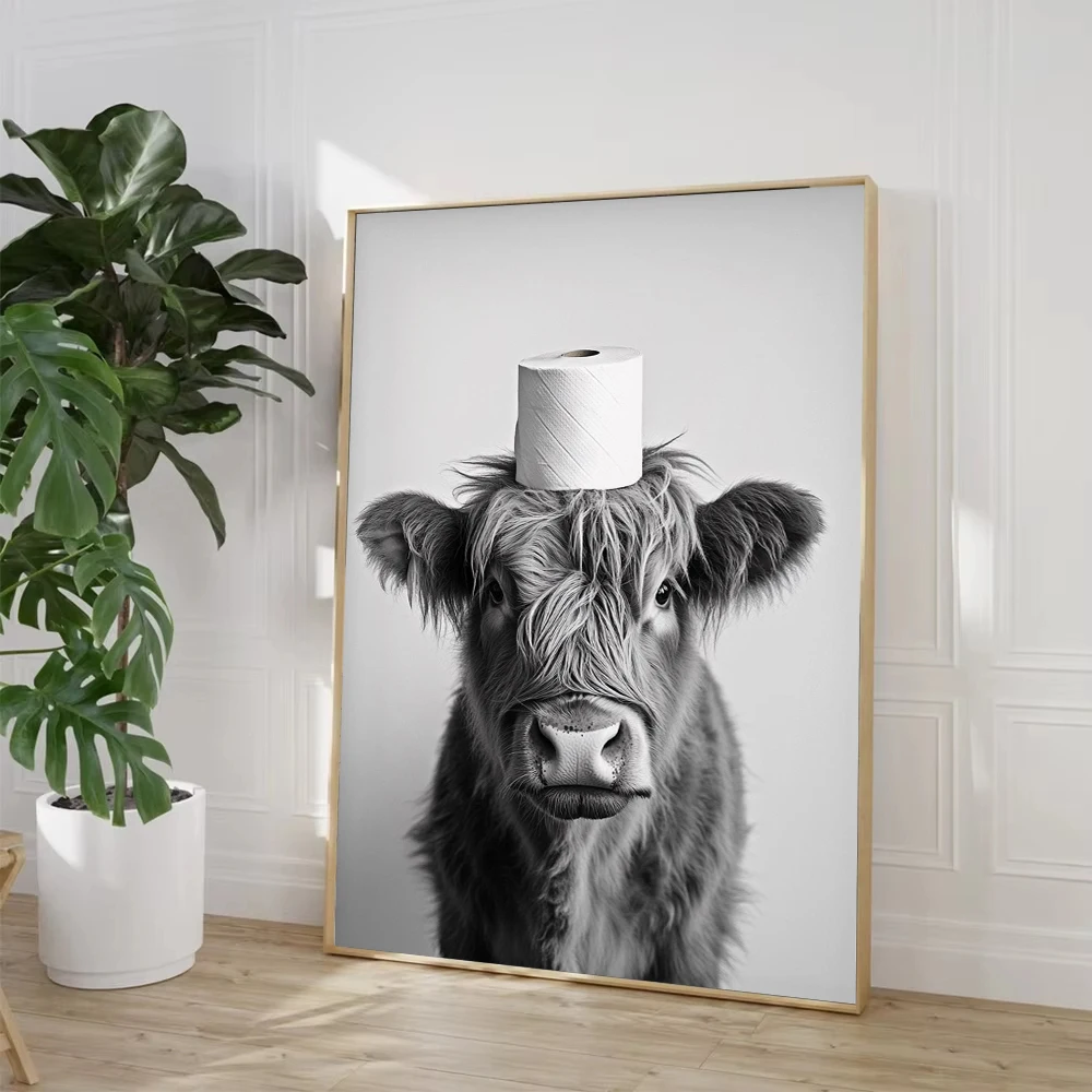 Highland Cow Otter Cat  Raccoon with Toilet Paper Poster Print Canvas Painting Bathroom Wall Art Funny Toilet Humor Home Decor