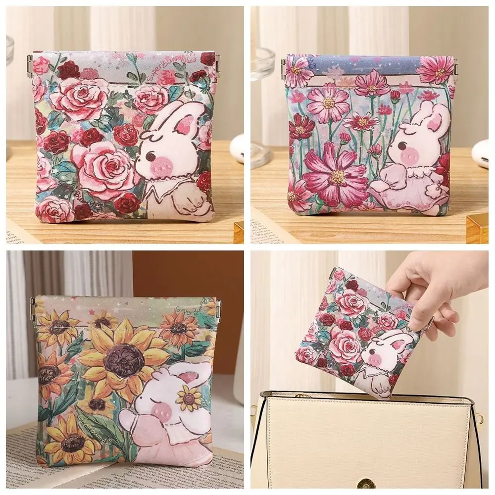 

Makeup Bag Pu Leather Mini Cosmetic Bag Flower Self-closing Coin Purse Automatic Closed Print Coin Bags Women